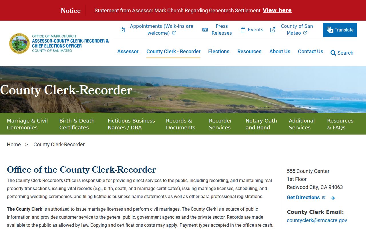 Menlo Park residents directory reference to the San Mateo County Clerk-Recorder
