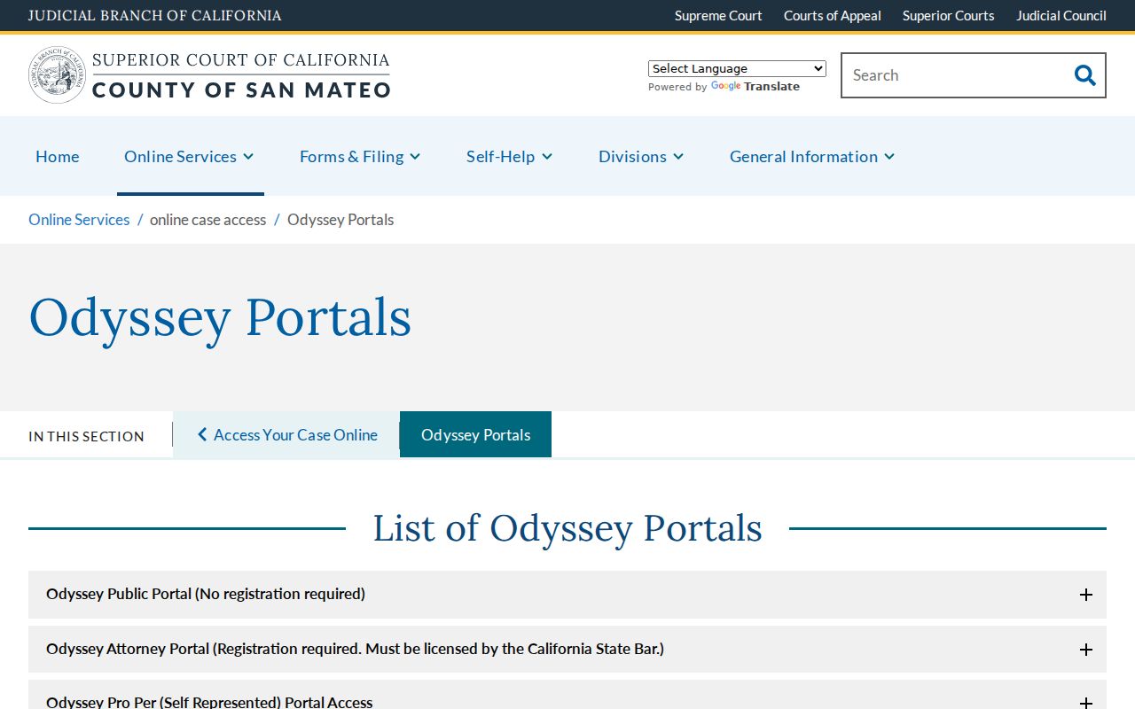 Menlo Park resident lookup view of San Mateo Odyssey case portals