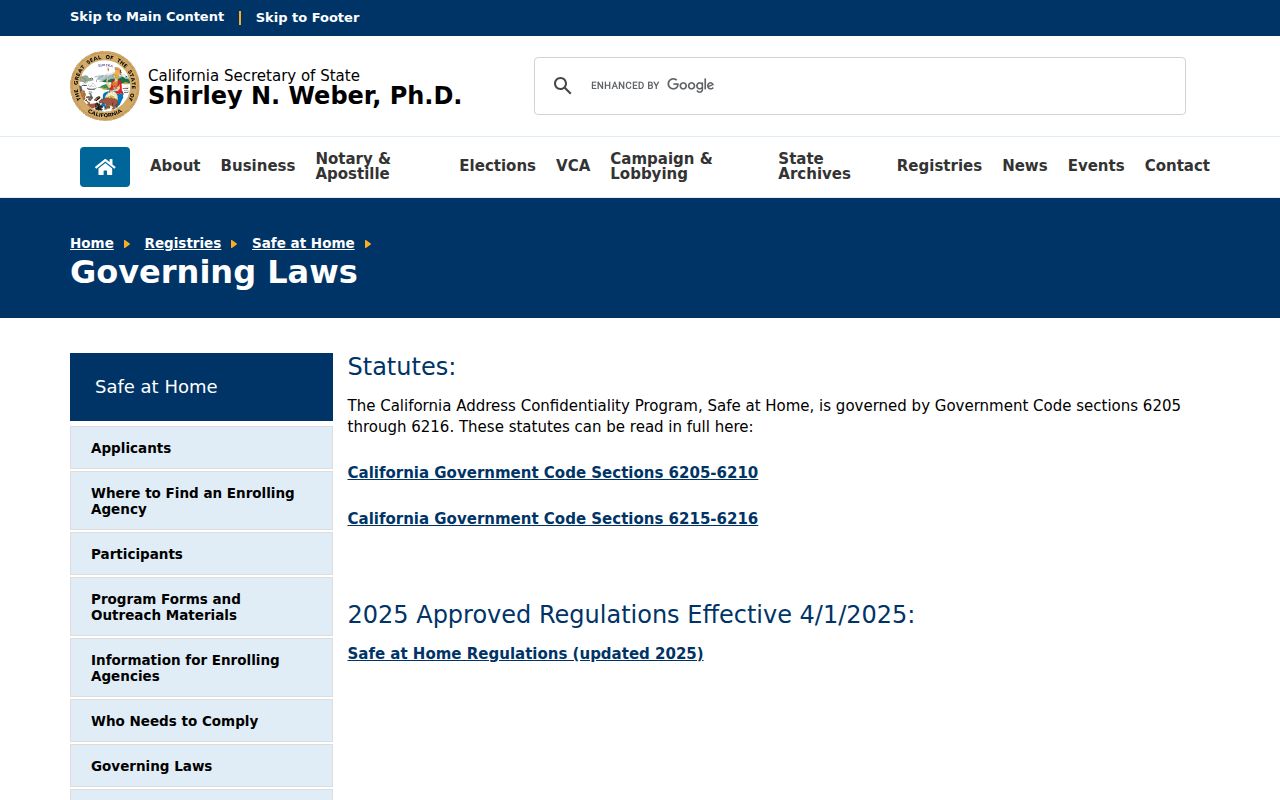 Menlo Park ZIP code directory Safe at Home governing laws